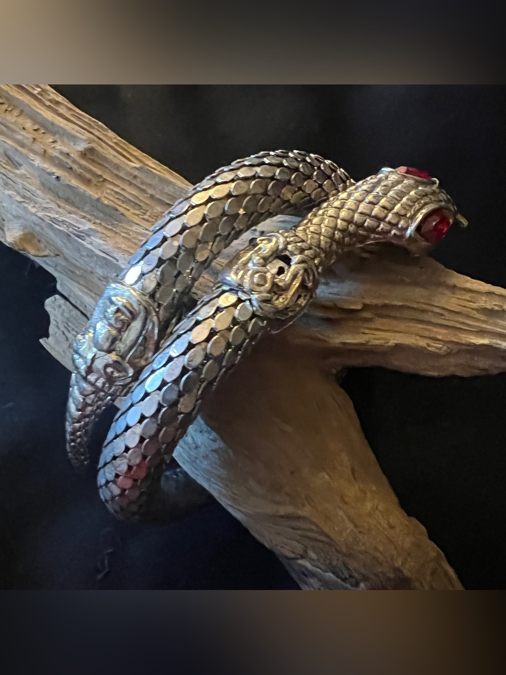True Vintage Silver Mesh Serpent Snake Bracelet Bangle Wrap Red Crystal Eyes - Picture 3 of 8